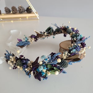 Dark blue dried flower hair crown with purple and teal blooms, rustic boho wreath