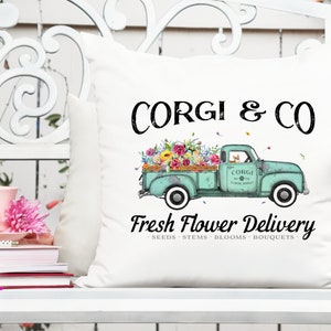 Corgi flower delivery truck printable design with teal pickup and 'Fresh Flower Delivery' text