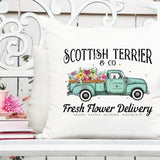 Printable Scottish Terrier flower delivery truck graphic with teal truck and flowers