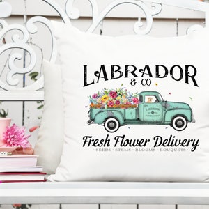 Labrador flower delivery truck printable design with colorful flowers and teal van graphic