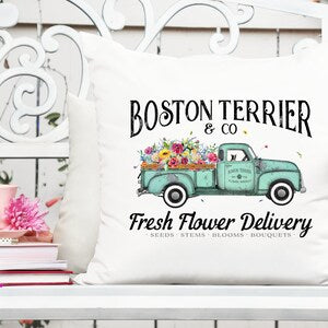 Boston Terrier flower delivery truck sublimation PNG design with colorful flowers and text