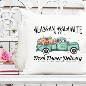 Alaskan Malamute flower delivery truck printable graphic with dog, teal truck, flowers and text