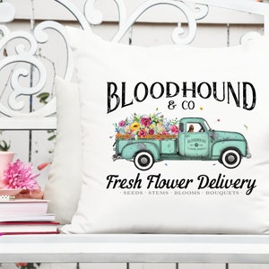 Printable design of teal flower delivery truck with “BLOODHOUND & CO” and flowers