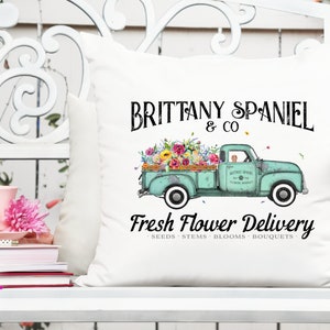 Printable flower delivery truck dog design with floral bouquet and text