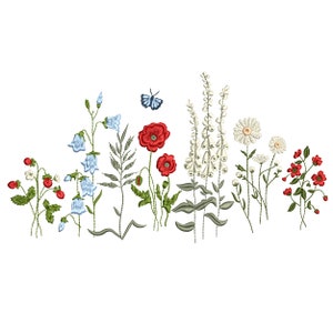 Floral machine embroidery pattern with red poppies, blue bells, and white wildflowers
