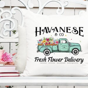 Havanese truck printable design with teal pickup and flowers, 'Fresh Flower Delivery' text