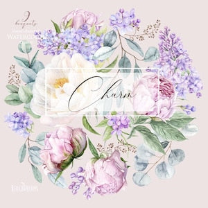 Watercolor peony and lilac floral wreath with eucalyptus leaves and pastel blooms