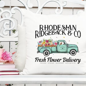 Rhodesian Ridgeback flower delivery truck sublimation design with floral bouquet and text