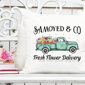 Sublimation floral dog truck design with 'SAMOYED & Co' and 'Fresh Flower Delivery'
