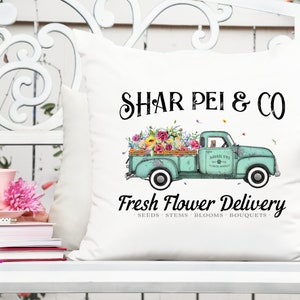 Dog flower delivery truck printable design on white sign, teal truck with flowers and text