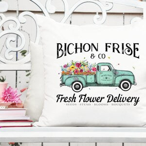 Bichon Frise flower delivery truck sublimation PNG with flowers and teal pickup