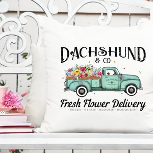 Dachshund-themed flower delivery truck printable design with “DACHSHUND & CO” text