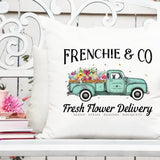 Flower delivery truck printable design with green van and colorful flowers, Frenchie & Co text