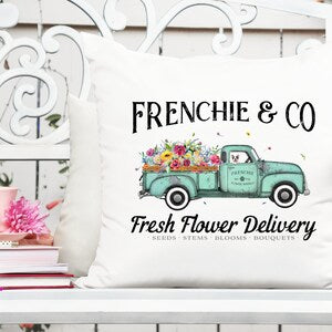 Frenchie & Co printable flower delivery truck graphic with teal truck and floral text