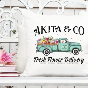 Printable flower delivery truck graphic with AKITA & CO text and blossoms