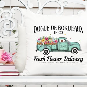 Printable flower delivery truck design with dog-themed text and flowers