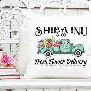 Shiba Inu flower delivery truck printable design with text and bouquet graphics