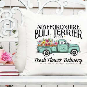 Printable Staffordshire bull terrier flower delivery truck graphic on white