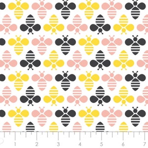 100% cotton fabric with repeating bee and flower pattern, yellow, pink, and black