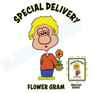 Cartoon flower gram digital design featuring delivery text and character holding orange flower