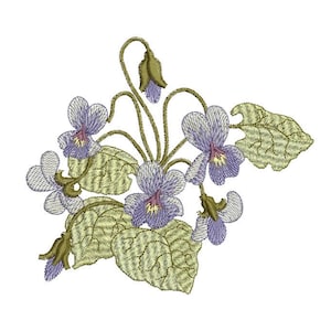 Floral machine embroidery design with violet flowers and green leaves, includes hanging loop
