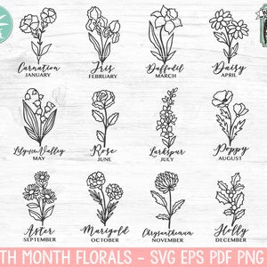 Birth month flower bundle SVG set with line-art month floral illustrations, single-page graphic