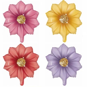 Foil flower balloons set of 4: pink, yellow, red, and lavender with gold centers