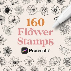 Flower stamp set for Procreate, 160 botanical line-art flowers with Procreate logo