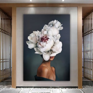 Woman portrait canvas painting with white flowers in hair