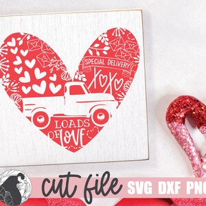 Red vintage truck and heart Valentine graphic with LOVE, Special Delivery, cut file SVG