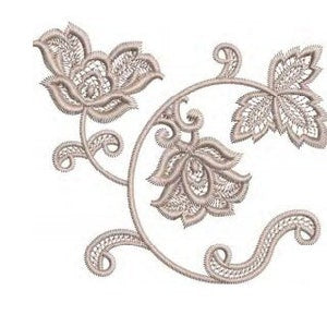 Fleur embroidery design with beige floral scroll and leaf motifs, machine-stitch style