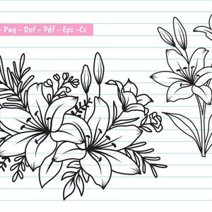 Hand-drawn line art bouquet with lily flowers and green leaf outlines