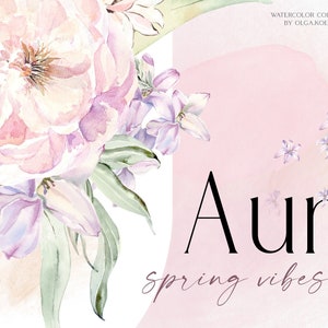 Watercolor floral clipart with pink and lavender flowers and 'Aur' title text