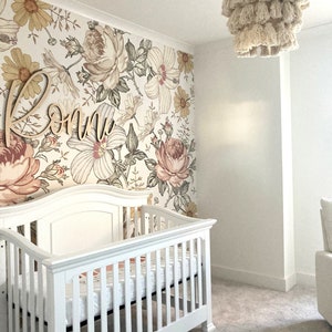 Peel-and-stick vintage floral wallpaper with butterflies, cream and blush tones