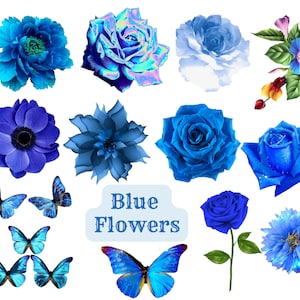 Blue flower PNG clip art set with blue blossoms and butterflies