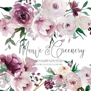 Watercolor floral clipart with mauve and purple roses, peonies, and green leaves