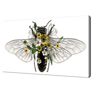 Canvas wall art featuring a detailed bee with yellow flowers and white wings