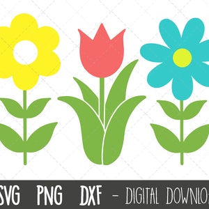 Spring flower SVG bundle with yellow daisy, red tulip, teal flower and green stems