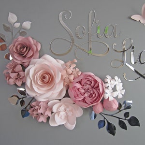 Nursery mirrored name sign with dusty rose paper flowers and silver leaves