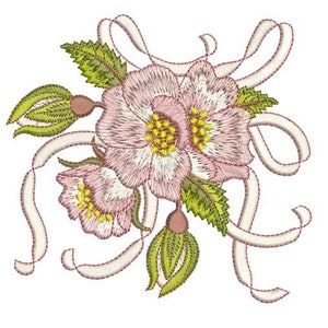 Golden and classic bouquet embroidery motif with ribbon accents and pink flower blossoms