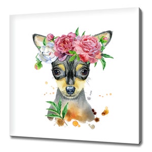 Watercolor Chihuahua dog canvas art print with pink flowers and green leaves