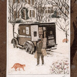 24x18 cm natural sand painting with dried flowers, winter caravan and figure scene