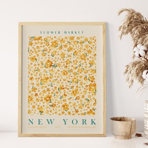Framed floral wall art poster with yellow flower design and NEW YORK text