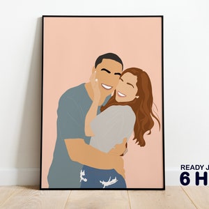 Framed custom couple portrait illustration, hugging figures smiling, soft muted colors