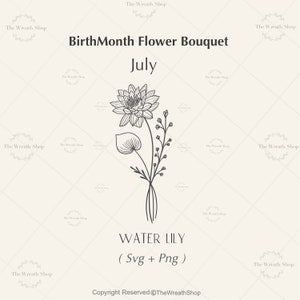 Water lily July birth-flower SVG line art bouquet with stem and petals, hand-drawn style