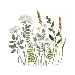 Floral meadow machine embroidery design with wildflowers, leaves, and grass stems