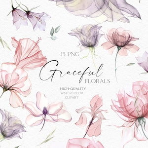 Dusty pink watercolor floral clipart with roses, iris, and greenery elements (15 PNG)