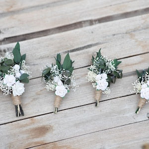 Groom's boutonniere Green and white buttonhole White rose corsage for groom Best man accessories Magaela Customisable boutonniere Greenery