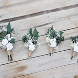 Groom's boutonniere Green and white buttonhole White rose corsage for groom Best man accessories Magaela Customisable boutonniere Greenery