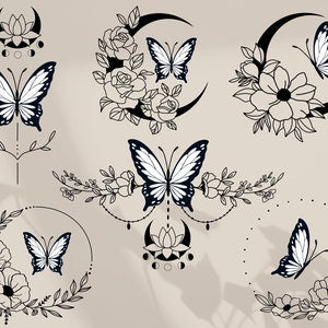 Floral butterfly and flower SVG set with moon-style ornament, black and blue accents
